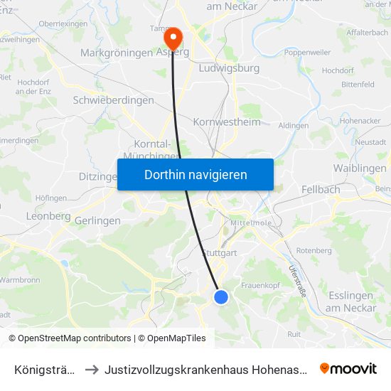 Königsträßle to Justizvollzugskrankenhaus Hohenasperg map