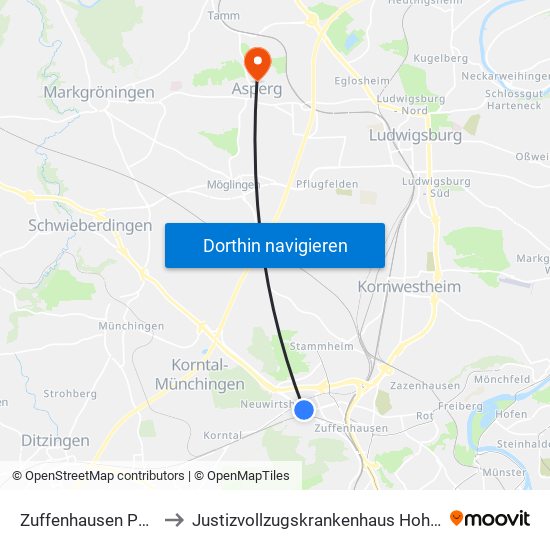 Zuffenhausen Porsche to Justizvollzugskrankenhaus Hohenasperg map