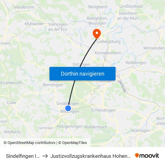 Sindelfingen Ikea to Justizvollzugskrankenhaus Hohenasperg map