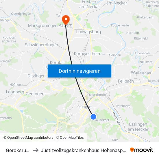 Geroksruhe to Justizvollzugskrankenhaus Hohenasperg map