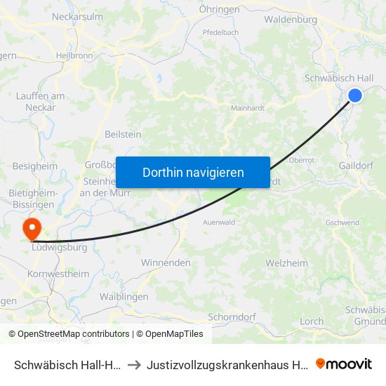 Schwäbisch Hall-Hessental to Justizvollzugskrankenhaus Hohenasperg map