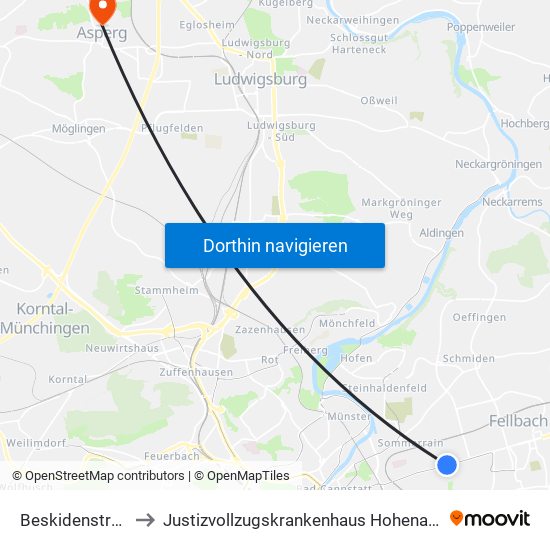 Beskidenstraße to Justizvollzugskrankenhaus Hohenasperg map