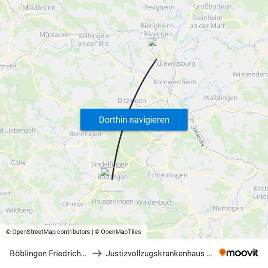 Böblingen Friedrich-List-Platz to Justizvollzugskrankenhaus Hohenasperg map