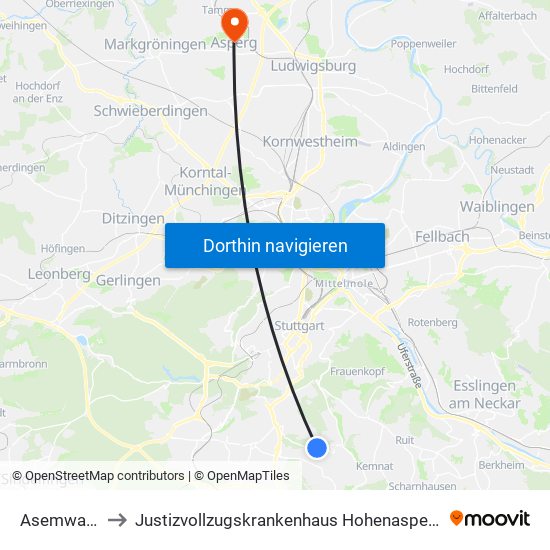 Asemwald to Justizvollzugskrankenhaus Hohenasperg map