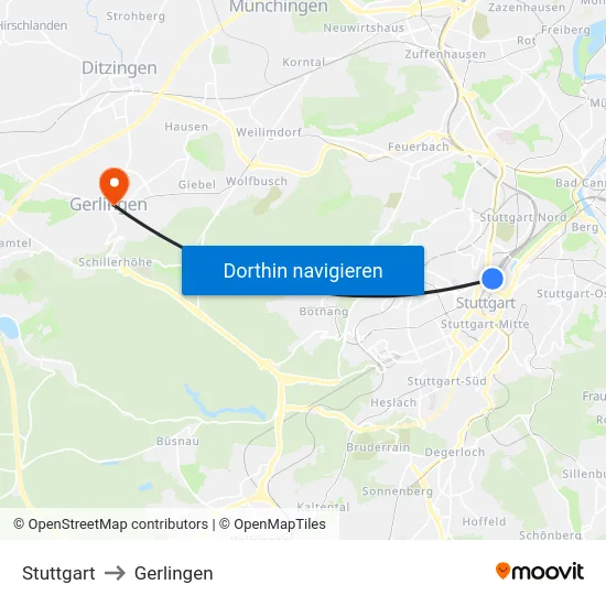 Stuttgart to Gerlingen map
