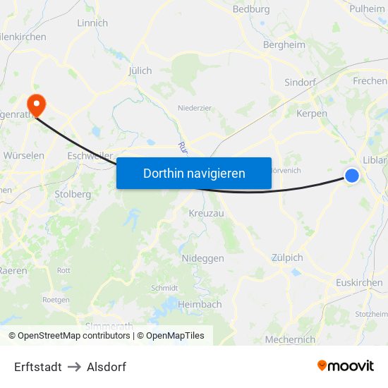 Erftstadt to Alsdorf map