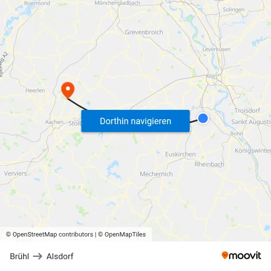 Brühl to Alsdorf map