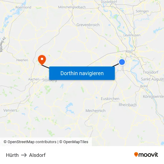Hürth to Alsdorf map