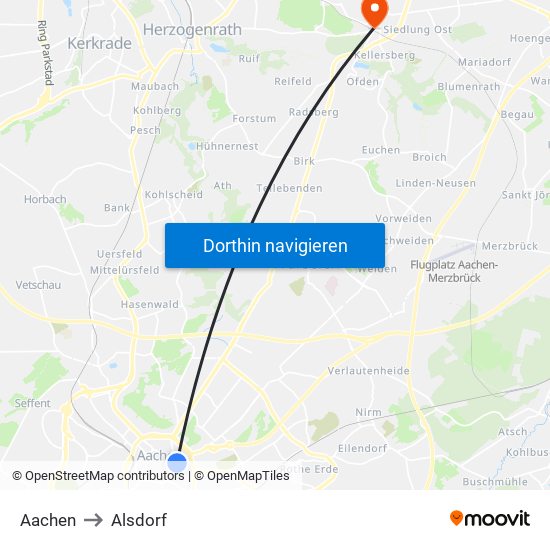 Aachen to Alsdorf map