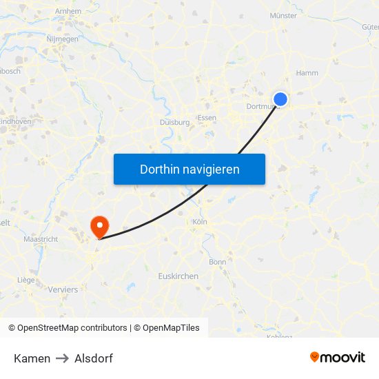 Kamen to Alsdorf map