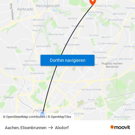 Aachen, Elisenbrunnen to Alsdorf map