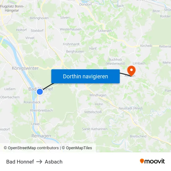 Bad Honnef to Asbach map