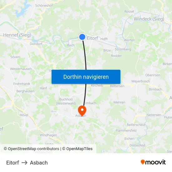 Eitorf to Asbach map