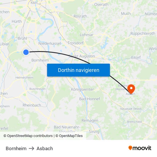 Bornheim to Asbach map