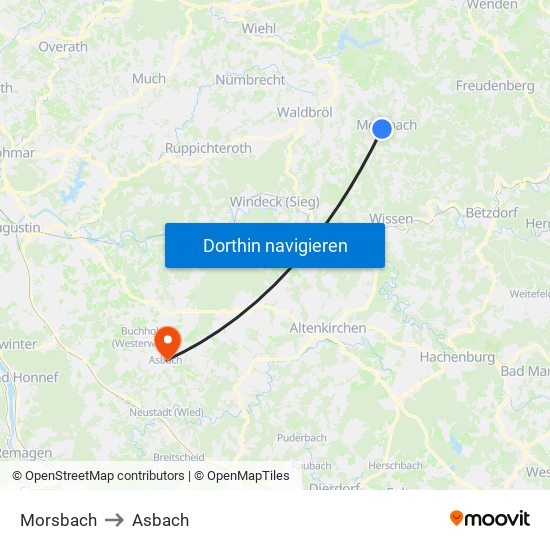 Morsbach to Asbach map