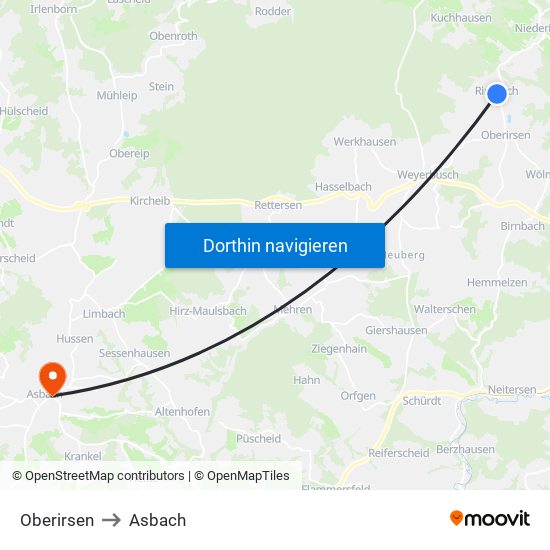 Oberirsen to Asbach map