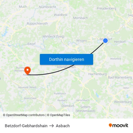 Betzdorf-Gebhardshain to Asbach map