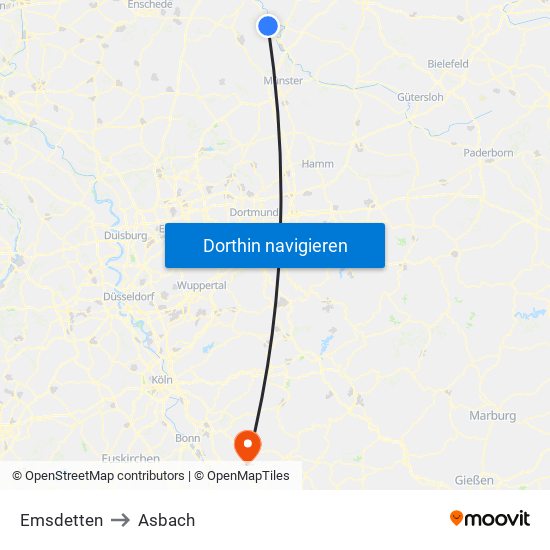 Emsdetten to Asbach map