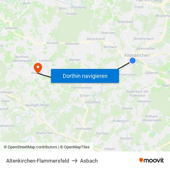 Altenkirchen-Flammersfeld to Asbach map