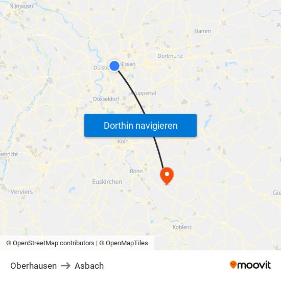 Oberhausen to Asbach map