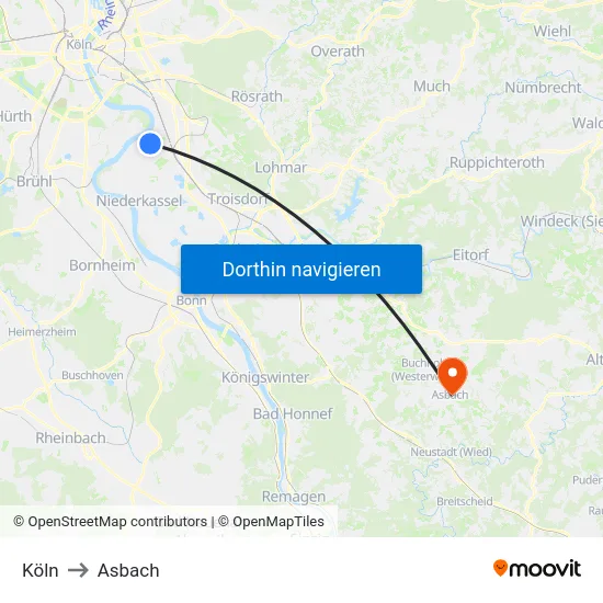 Köln to Asbach map
