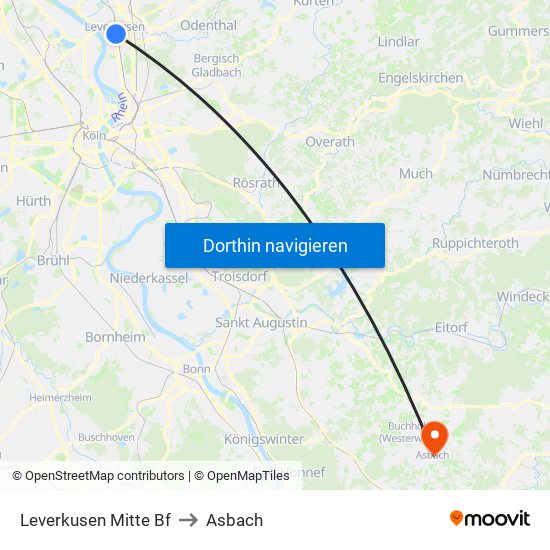 Leverkusen Mitte Bf to Asbach map