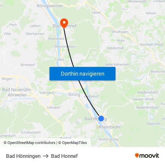 Bad Hönningen to Bad Honnef map