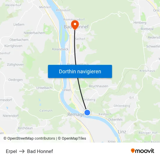 Erpel to Bad Honnef map