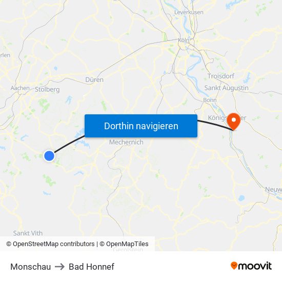 Monschau to Bad Honnef map