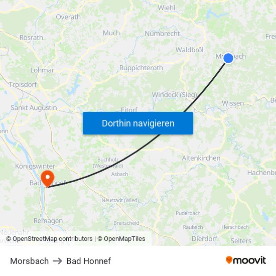 Morsbach to Bad Honnef map