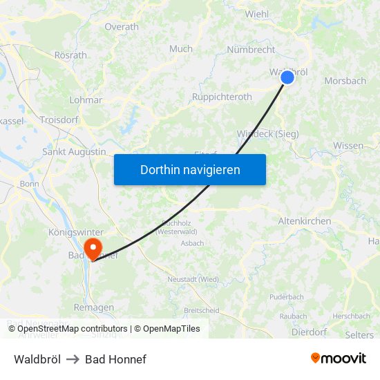 Waldbröl to Bad Honnef map