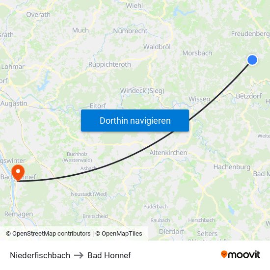 Niederfischbach to Bad Honnef map