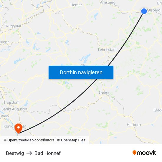 Bestwig to Bad Honnef map