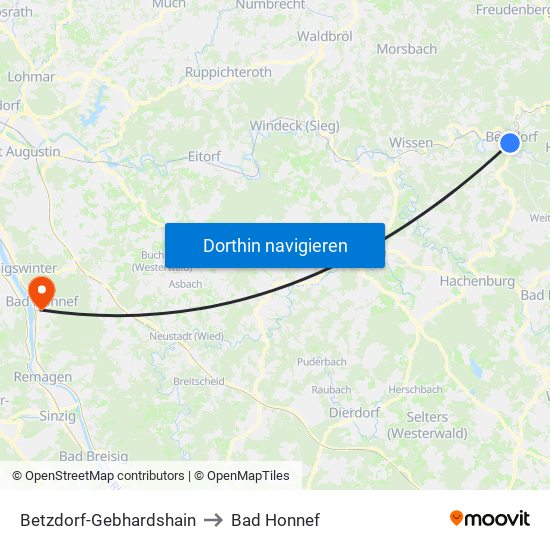 Betzdorf-Gebhardshain to Bad Honnef map