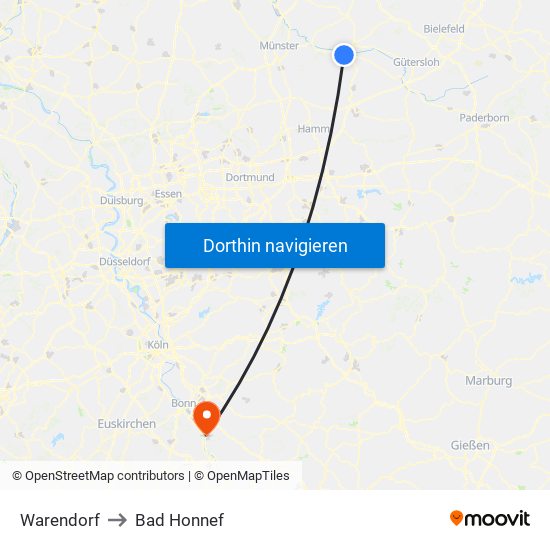 Warendorf to Bad Honnef map