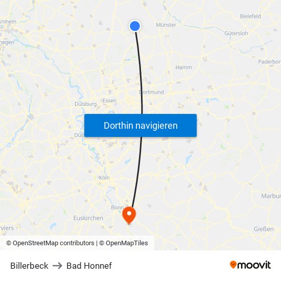 Billerbeck to Bad Honnef map