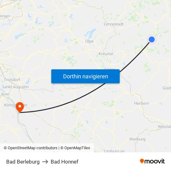 Bad Berleburg to Bad Honnef map