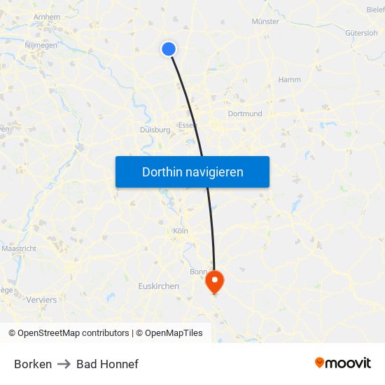 Borken to Bad Honnef map