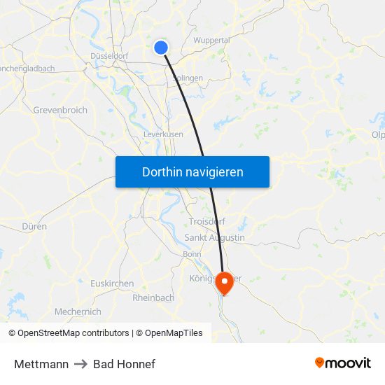 Mettmann to Bad Honnef map