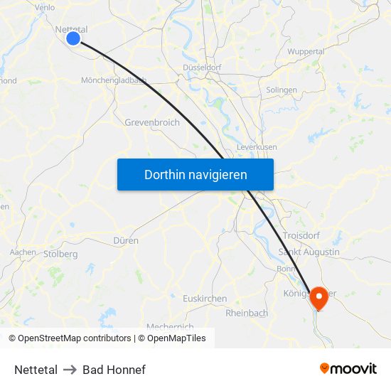 Nettetal to Bad Honnef map