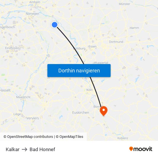 Kalkar to Bad Honnef map
