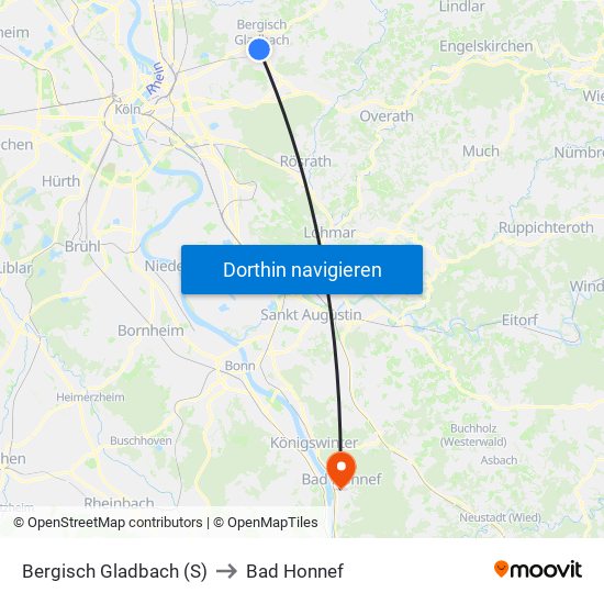 Bergisch Gladbach (S) to Bad Honnef map