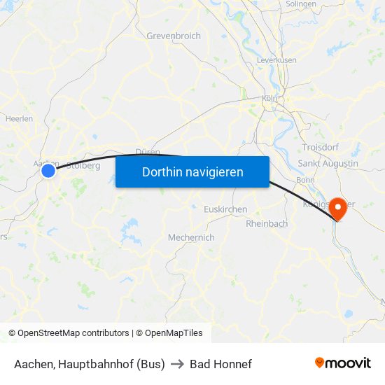 Aachen, Hauptbahnhof (Bus) to Bad Honnef map