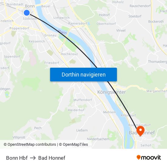 Bonn Hbf to Bad Honnef map