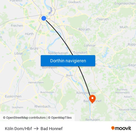 Köln Dom/Hbf to Bad Honnef map