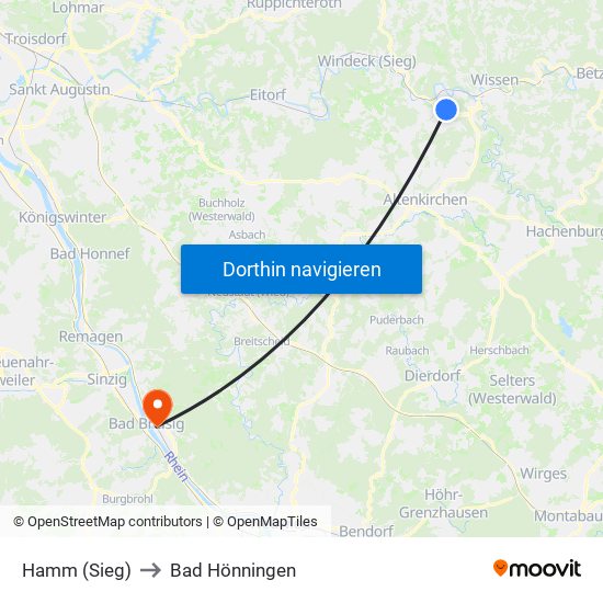 Hamm (Sieg) to Bad Hönningen map