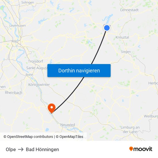 Olpe to Bad Hönningen map