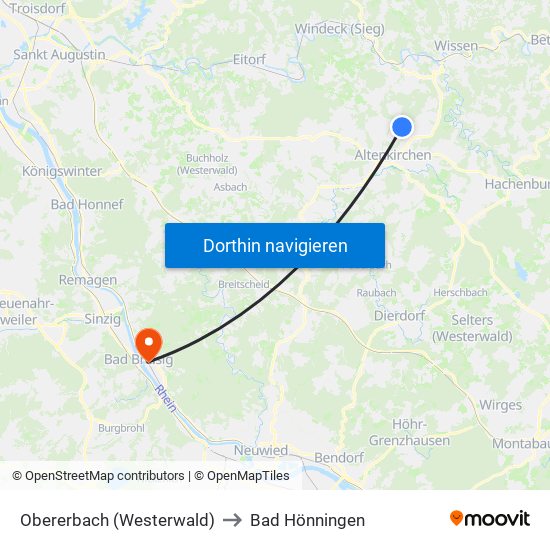 Obererbach (Westerwald) to Bad Hönningen map