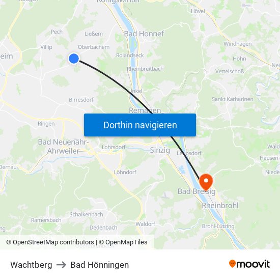 Wachtberg to Bad Hönningen map