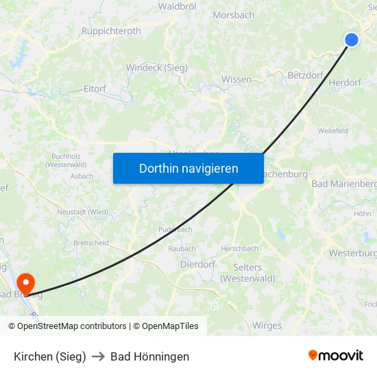 Kirchen (Sieg) to Bad Hönningen map